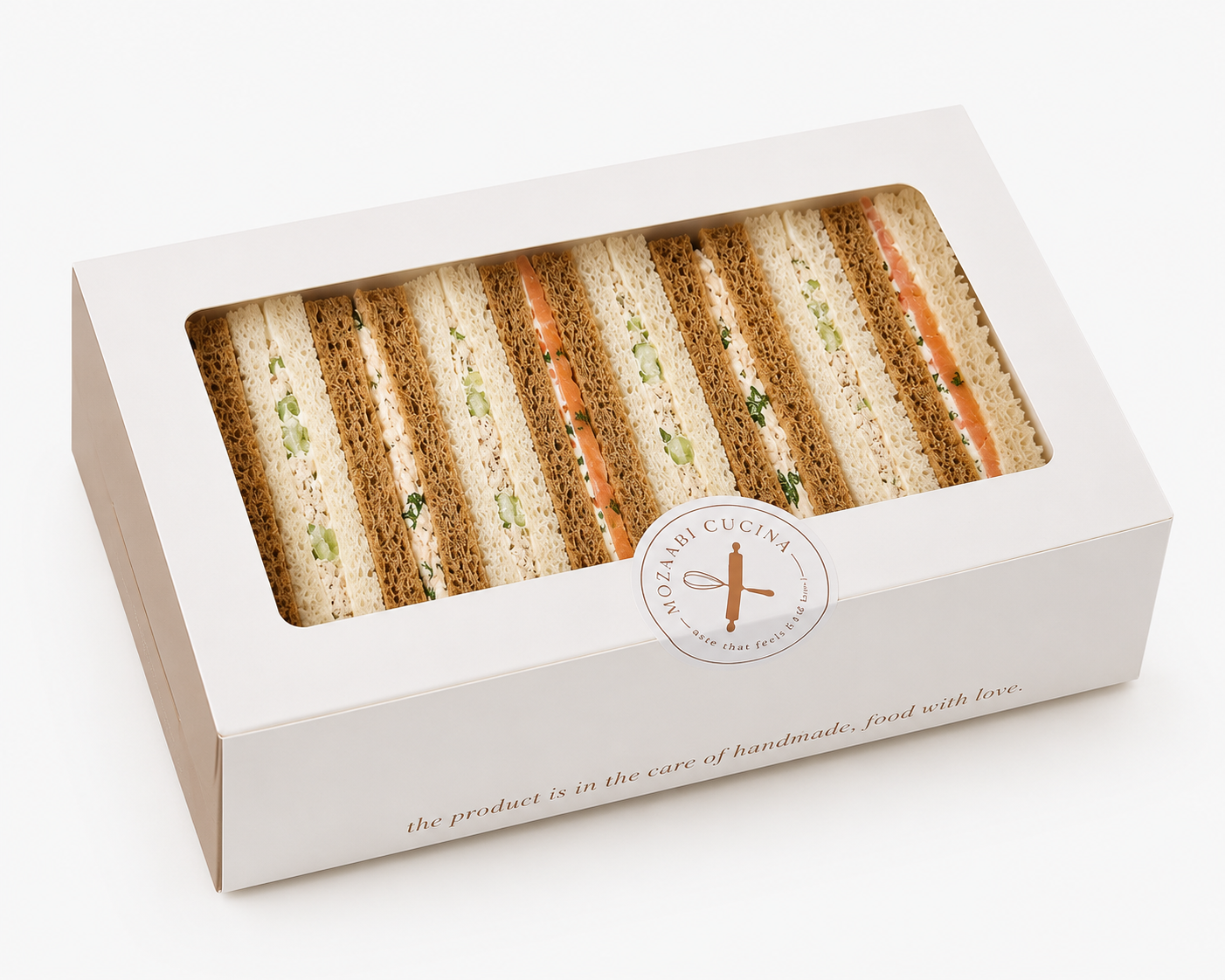 Box of assorted mini sandwiches with a visible brand logo on a white background