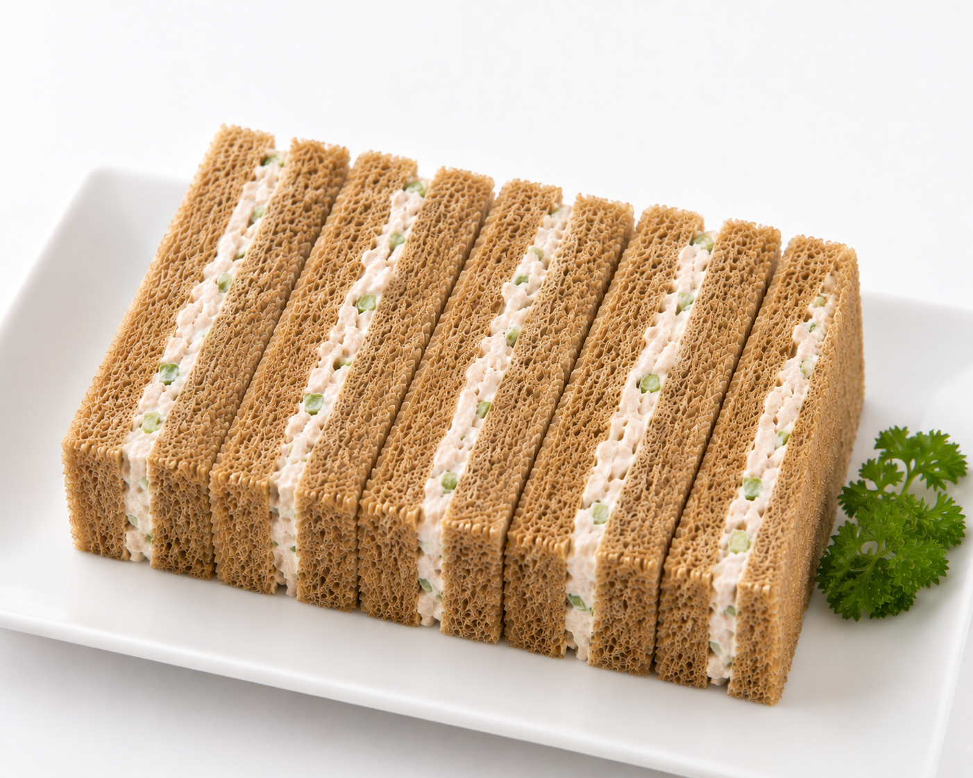 Row of tea sandwiches on a white plate with a sprig of parsley.