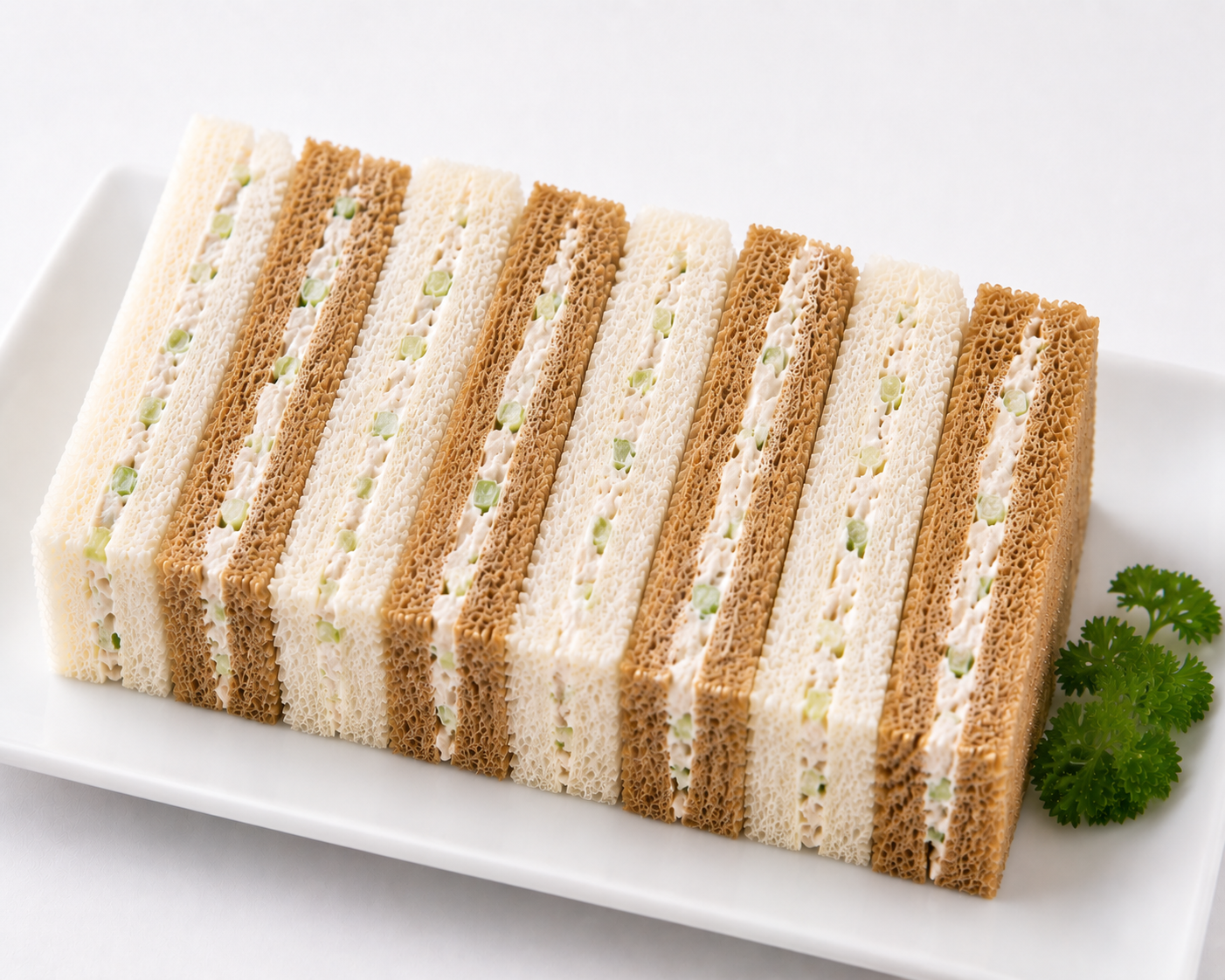 Layered sandwich on a white plate with a white background