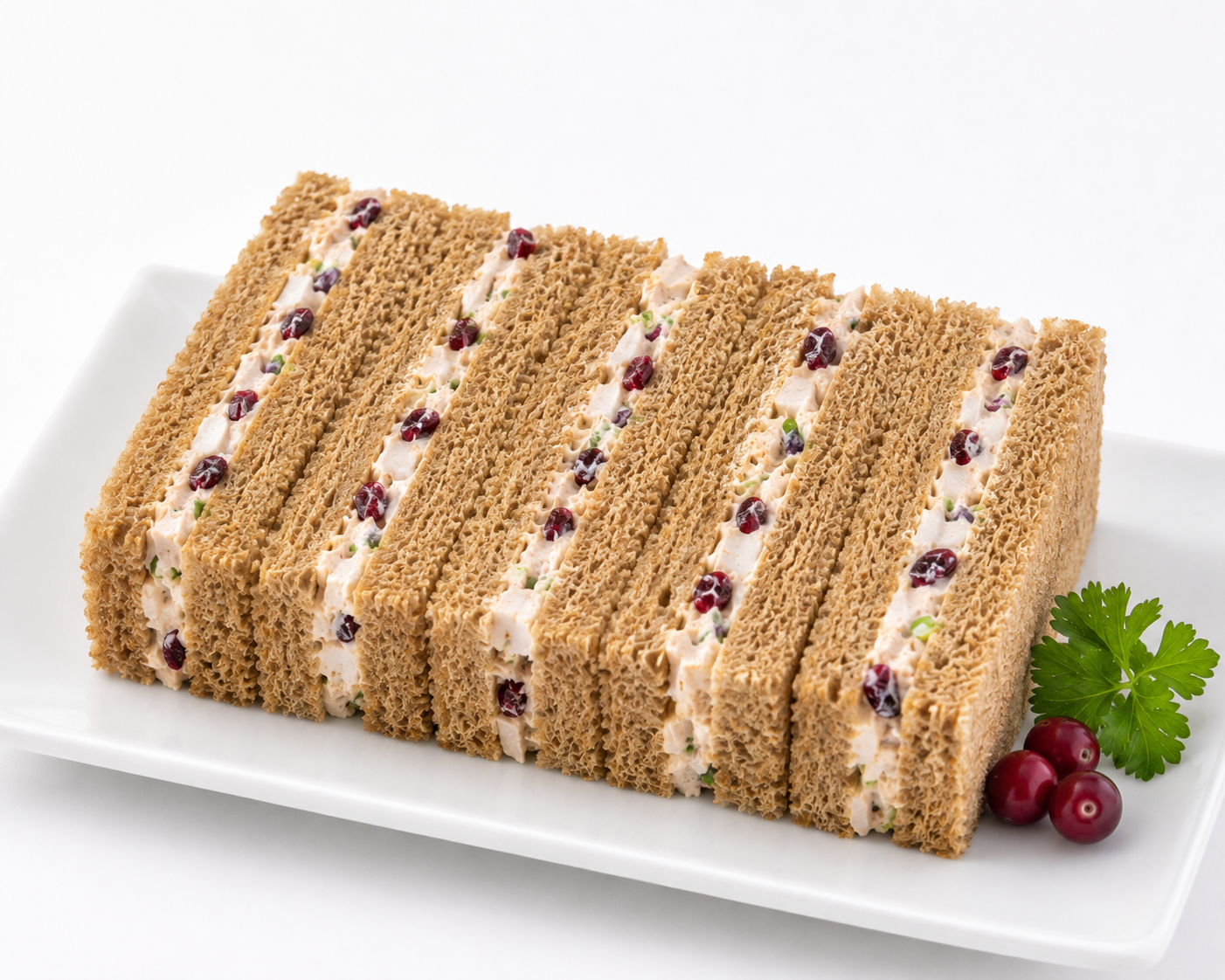 Roll cake with layers of sponge and cream on a white plate with berries and parsley.