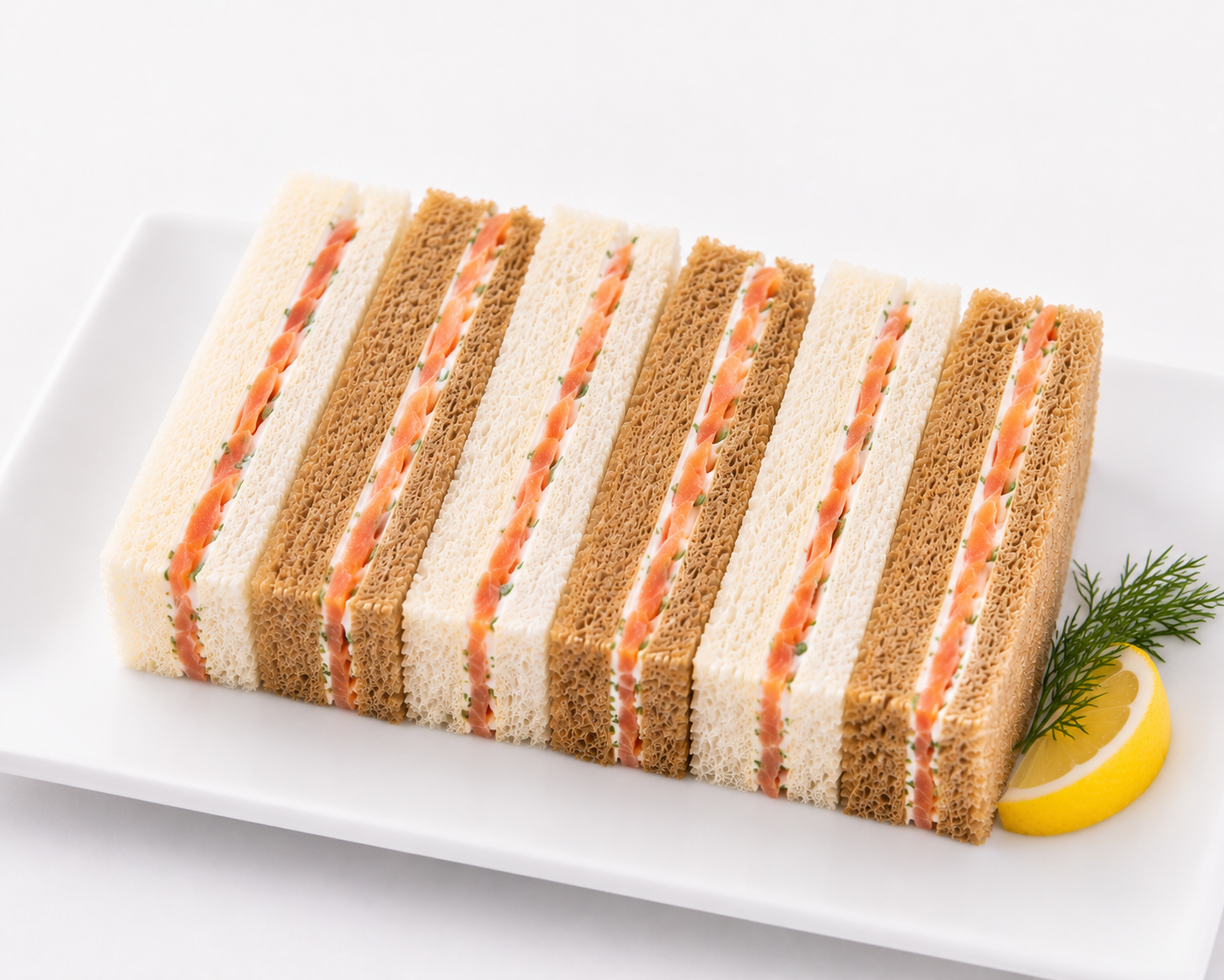 Layered sandwich cake with striped pattern on a white plate with a lemon wedge and dill garnish.