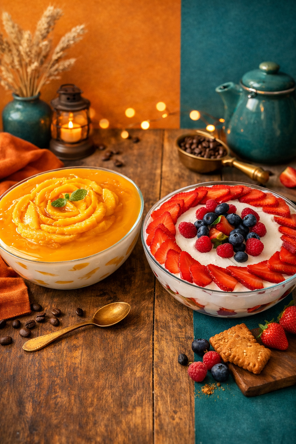 Two bowls of dessert on a wooden table with a warm and cozy atmosphere.